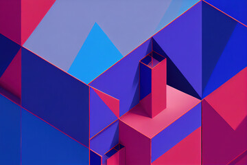 Ravishing isometric architectural design, labyrinth of red and blue geometric blocks in seamless intricate pattern like maze. Geometry and abstract art in modern dynamic background by Generative AI. - obrazy, fototapety, plakaty