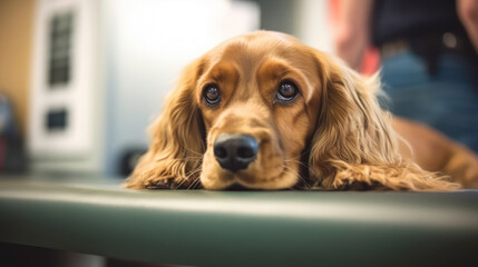 Close up of a beautiful cocker spaniel at the veterinarian. Sick cute pet sitting at the examination table at the animal clinic 