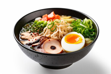 asian background ramen noodle food white japanese meal soup mushroom bowl. Generative AI.