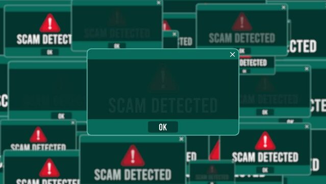 Scam Detected Alert Warning Error Window Pop-up Notification Box On Black Screen