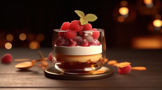 A mouthwatering image of a dessert with fruits, cream, and chocolate. This image showcases the beauty, uniqueness, and attractiveness of a sweet treat AI Generative
