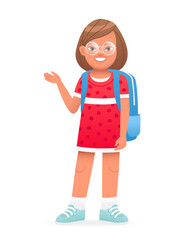 Happy white child in a red dress and glasses stands with a school bag on his shoulders. Cute little schoolgirl.