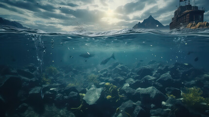 A split view of the sea in sci-fi style, showing the underwater and above water scenes. The image displays a striking contrast between the natural and serene underwater world AI Generative