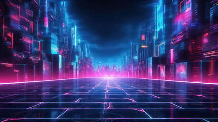 A stylish and creative background design in cyberpunk style. It showcases neon lights, geometric shapes, and futuristic elements AI Generative