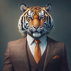 Portrait of a tiger dressed in suit as a businessman, created with Generative AI.