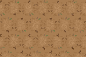 Illustration pattern the out line of acorn and leaves on brown background.