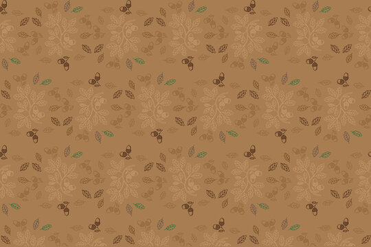 Illustration pattern the out line of acorn and leaves on brown background.