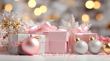 Pink theme. Christmas banner with Christmas decorations, Place for text , snowflake, sparkling bokeh, balls, gift boxs , snow holiday card template, Realistic photo. generativeAI