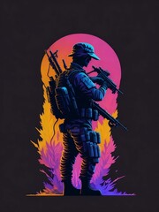 Army solder holding weapon art. Colourful Ai art 