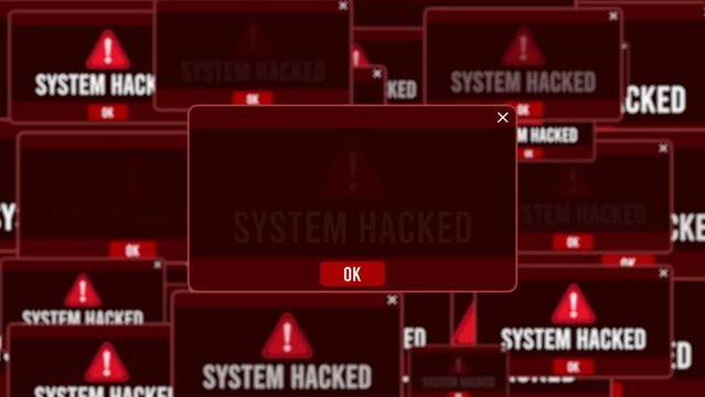 System Hacked Alert Warning Error Window Pop-up Notification Box On Black Screen