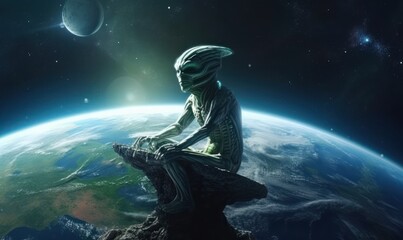 Fototapeta na wymiar Alien Explore the Planet Background, Colorful Illustration. Generative Ai