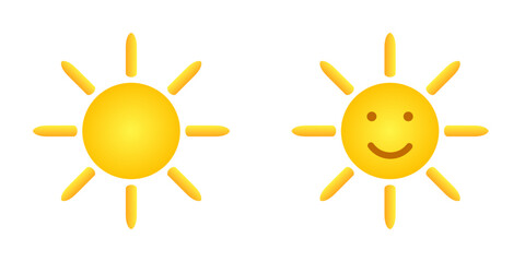 Sun icon set. Yellow sun smile flat design icons collection. Summer, sunlight, nature, sky. Vector illustration isolated on white background