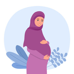 Cheerful young Muslim pregnant lady in flat design. Hijab pregnant concept vector illustration.