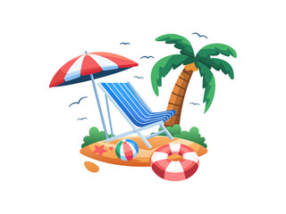 Vector illustration shows beach umbrellas and chairs on the seashore.
Summer holiday concept illustration.
Suitable for postcard, banner, web, landing page, animation, etc