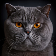 Studio shot with cute british shorthair cat portrait with the curiosity and innocent look as concept of modern happy domestic pet in ravishing hyper realistic detail by Generative AI.