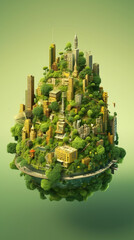 Surreal 3D illustration: eco houses on a floating island, lush forests, green landscapes. Nature meets sustainable design in a captivating visual. Ideal for environmental ecologist projects. AI art