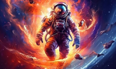 Obraz na płótnie Canvas Astronaut Exploring the Galaxy, Colorful Space Illustration Background. Generative Ai