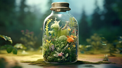 A glass with micro botanical ecosystem, tiny composition, terrarium with enclosed lush vegetation, photosynthesis and growth inside a transparent jar. Ecology and green earth concept. mini houseplant - Powered by Adobe
