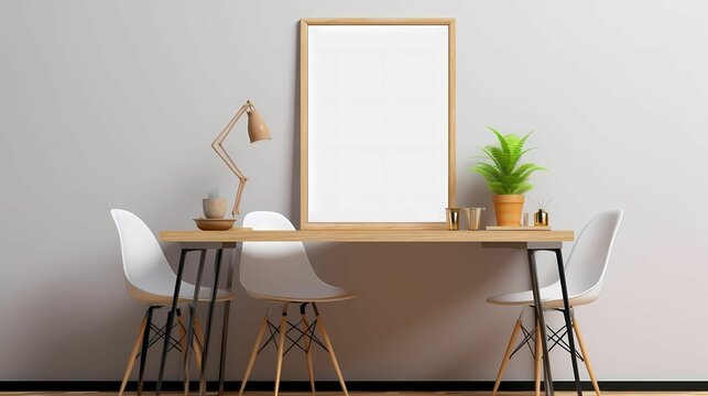 an empty picture frame mockup on wooden desk,table. Home Interior with Wooden frame mockup. AI Generative Image 