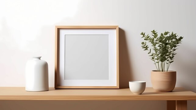 Blank empty wooden photo Frame Mockup on the table with plant and interior
