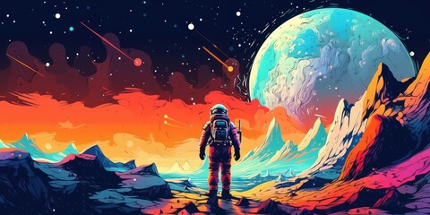 Astronaut Exploring the Galaxy, Colorful Space Illustration Background. Generative Ai © CYB3RUSS