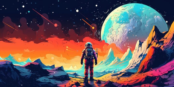 Astronaut Exploring the Galaxy, Colorful Space Illustration Background. Generative Ai
