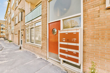 a red door on the side of a brick building that has been painted to look like an orange fire hydrae