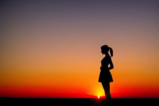 Girl silhouette in sunset. Generative Ai