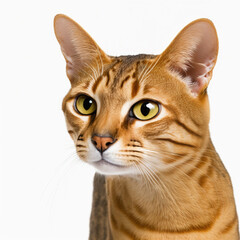 Adorable cheetoh cat portrait looking at camera on white isolated background as concept of domestic pet in ravishing hyper realistic detail by Generative AI.