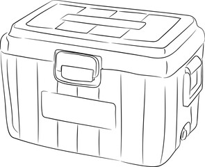 Line art illustration of portable refrigerator for drinks. 
Vector illustration of portable beer cooler. Travel mini- fridge for drinks in vector. Illustration of summer holiday accessories. 
