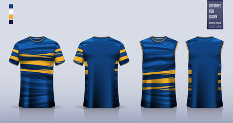 Blue T-shirt sport, Soccer jersey, football kit, basketball uniform, tank top, and running singlet mockup. Fabric pattern design. Vector Illustration