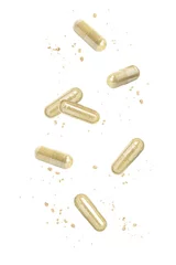 Foto auf Acrylglas brown powder herbal medicine capsule flying in the air isolated on white background.  © NIKCOA
