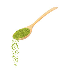 Green tea matcha powder in wooden spoon isolated on white background.