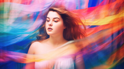 Obraz na płótnie Canvas Beautiful young woman on blur colorful background. AI generation