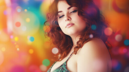 Obraz na płótnie Canvas Beautiful fat young woman on blur colorful background. AI generation
