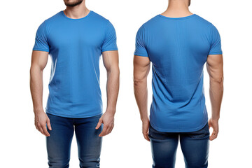 Photo realistic male blue t-shirts with copy space, front, and back view