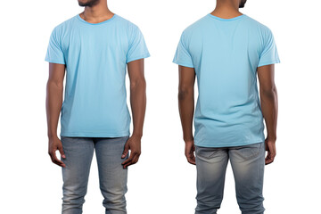 Photo realistic male blue t-shirts with copy space, front, and back view
