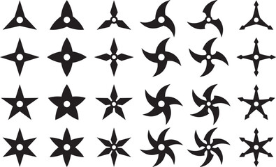 忍者の武器、手裏剣のモノクロのベクターイラストセット