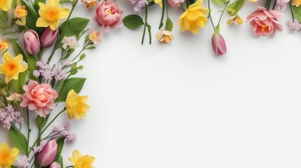 Beautiful composition of spring flowers and leaves on white background with copy space. generative Ai