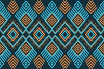 Geometric Ethnic Oriental Ikat Pattern Traditional Design For Background, Carpet, Wallpaper, Clothing ,Wrapping, Batik, Fabric, Rug, Embroidery Style, Shade of Dark Blue - Light Blue and Orange Design