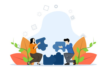 Obraz premium Business concept. Team metaphor. people connecting puzzle elements. Symbol of teamwork, cooperation, partnership. Vector illustration flat design style.