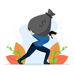 A businessman is struggling to carry a large bag of cash with a dollar sign on his back. financial success, saving money. Modern character. Flat vector illustration on a white background.