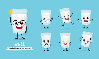 cute a glass of milk cartoon with many expressions. different activity pose vector illustration flat design set.
