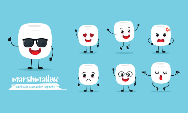 cute marshmallow cartoon with many expressions. different activity pose vector illustration flat design set with sunglasses