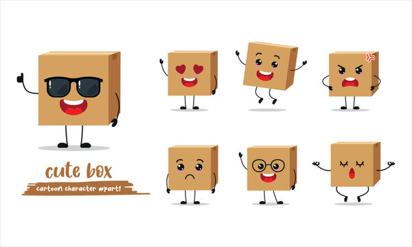 cute carton box wear sunglasses cartoon with many expressions. box package different activity vector illustration flat design.	