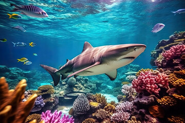 shark swims underwater on the background of coral reefs