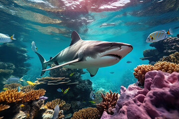 Fototapeta na wymiar shark swims underwater on the background of coral reefs