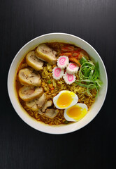 Korean Instant Ramen Noodles With Chicken Chashu, Boiled Egg, Green Onions, Kimchi, Narutomaki Fish...