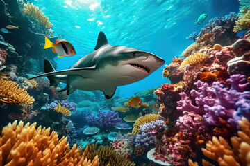 shark swims underwater on the background of coral reefs