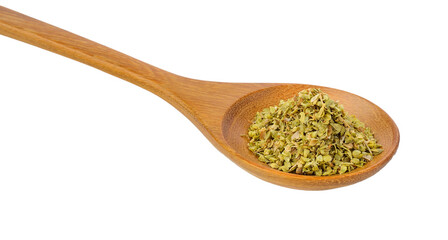 Dried oregano in wood spoon on transparent png